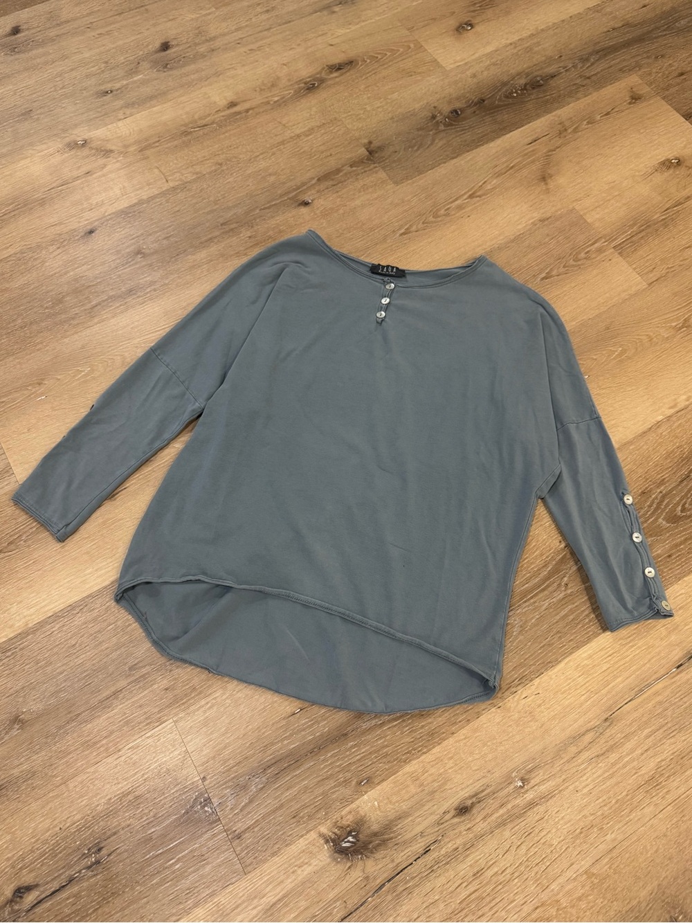 SAGA Made in Italy Drop Shoulder 7/8 Sleeve Top 100% Cotton Medium Blue/Green